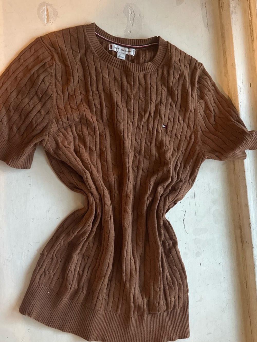 Tommy Hilfiger Camel Brown Cable Knit Short Sleeve Top